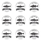 Vector fish silhouettes, labels, emblems.
