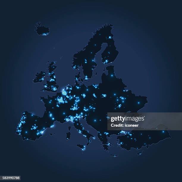 stockillustraties, clipart, cartoons en iconen met europe light pollution map blue background - photopollution