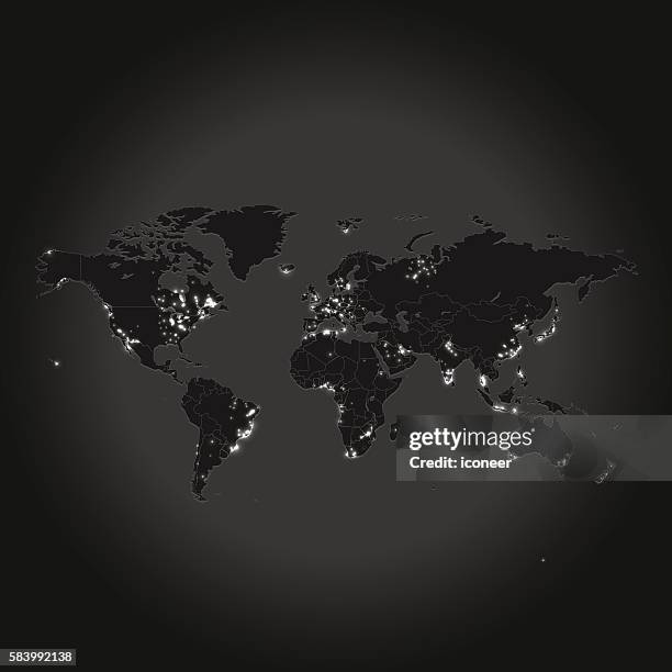 world map light pollution on greyish background - light pollution stock illustrations