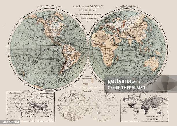 ilustraciones, imágenes clip art, dibujos animados e iconos de stock de mapa del mundo 1869 - old world map