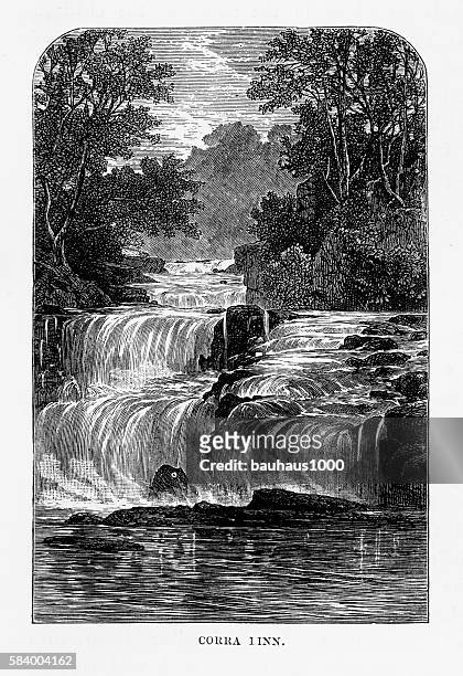 ilustraciones, imágenes clip art, dibujos animados e iconos de stock de corra linn falls on river clyde victorian engraving, circa 1840 - clyde river