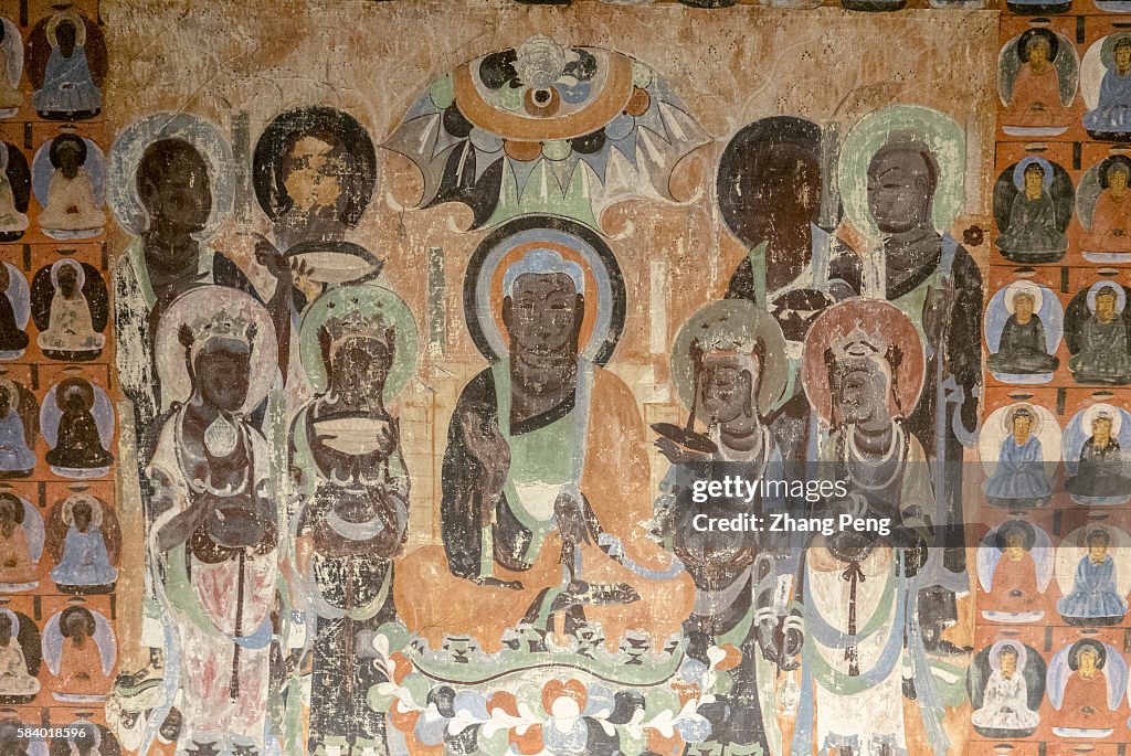 Murals of Mogao cave 419, A.D. 581-618Sui Dynasty.  The...