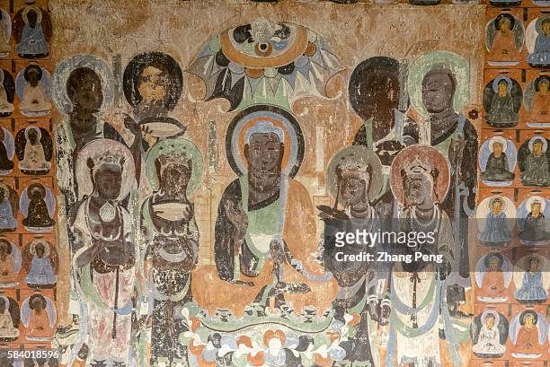 Murals of Mogao cave 419, A.D. 581-618Sui Dynasty. The Mogao Caves, also known as the Thousand Buddha Grottoes, are the best known of the Chinese...