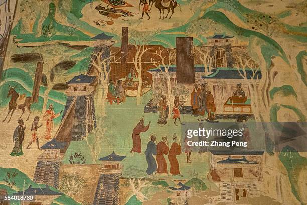 Murals of Mogao cave 217, A.D. 705-707Tang Dynasty. The Mogao Caves, also known as the Thousand Buddha Grottoes, are the best known of the Chinese...