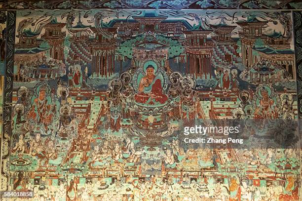 Murals of Mogao cave 217, A.D. 705-707Tang Dynasty. The Mogao Caves, also known as the Thousand Buddha Grottoes, are the best known of the Chinese...