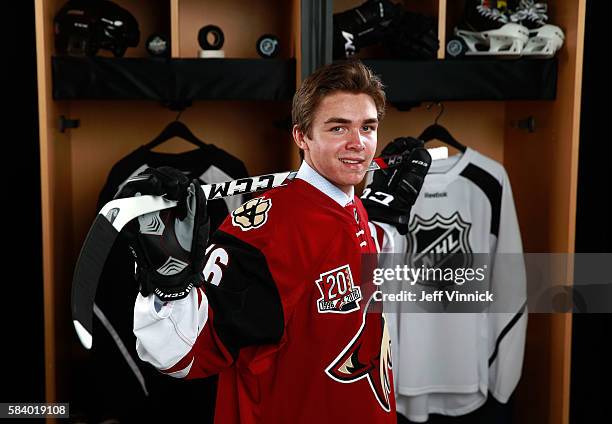 Clayton Keller, selected seventh overall by the Arizona Coyotes, poses for a portrait during round one of the 2016 NHL Draft at First Niagara Center...