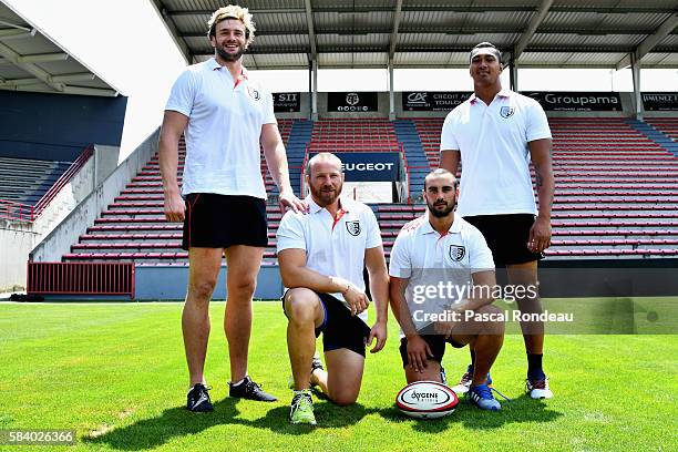 New Stade Toulousain players Richie Gray, Leonardo Ghiraldini, Samuel Marques and Piula Faasalele pose for a photo on July 27, 2016 in Toulouse,...