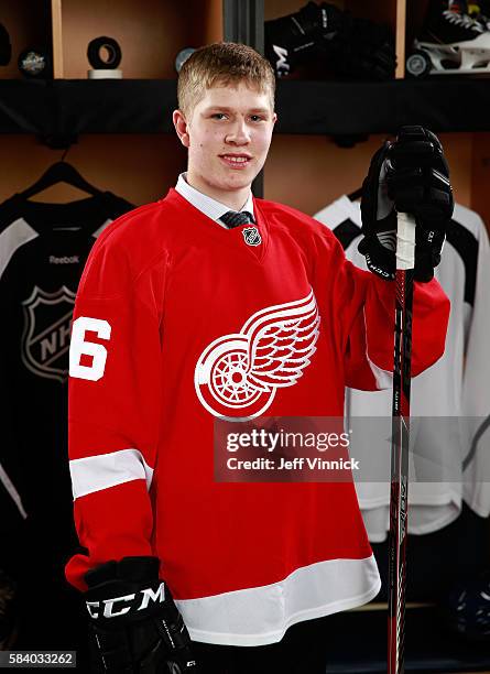 Dennis Cholowski, selected 20th overall by the Detroit Red Wings, poses for a portrait during round one of the 2016 NHL Draft at First Niagara Center...