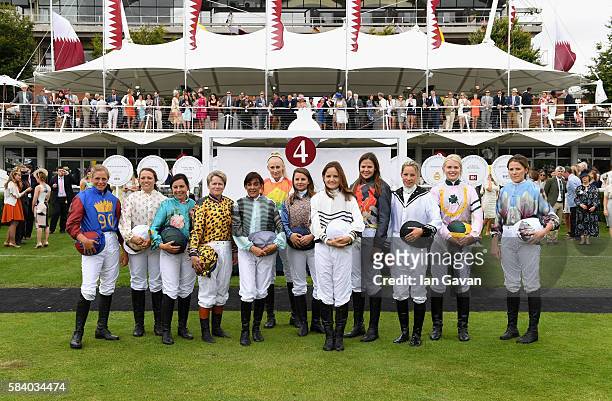 Riders of the 2016 Magnolia Cup attend the Qatar Goodwood Festival 2016 at Goodwood on July 28, 2016 in Chichester, England.