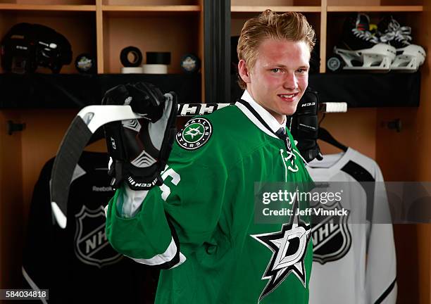 Riley Tufte, selected 25th overall by the Dallas Stars, poses for a portrait during round one of the 2016 NHL Draft at First Niagara Center on June...