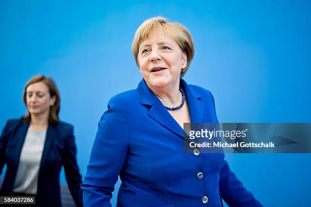 German Chancellor Angela Merkel addresses the media during her annual summer press conference in German Federal Press Conference or...
