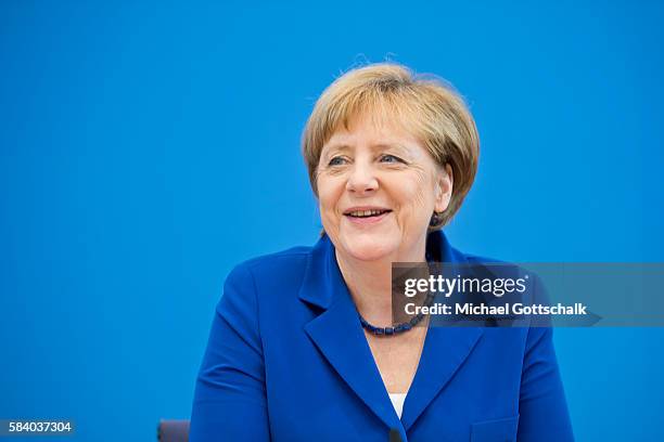 German Chancellor Angela Merkel addresses the media during her annual summer press conference in German Federal Press Conference or...