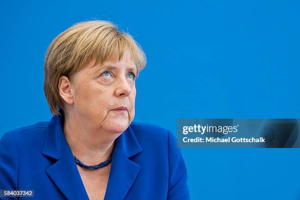 German Chancellor Angela Merkel addresses the media during her annual summer press conference in German Federal Press Conference or...