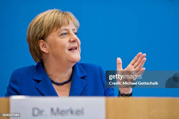 German Chancellor Angela Merkel addresses the media during her annual summer press conference in German Federal Press Conference or...