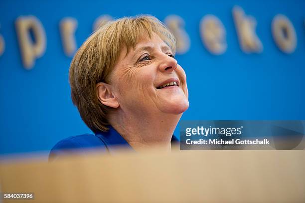 German Chancellor Angela Merkel addresses the media during her annual summer press conference in German Federal Press Conference or...