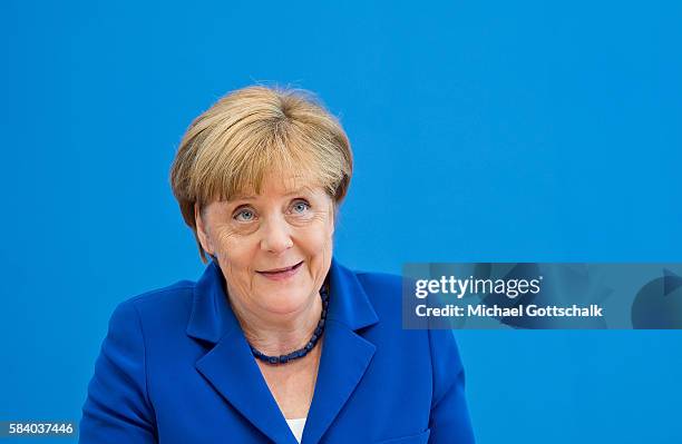 German Chancellor Angela Merkel addresses the media during her annual summer press conference in German Federal Press Conference or...