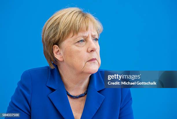 German Chancellor Angela Merkel addresses the media during her annual summer press conference in German Federal Press Conference or...