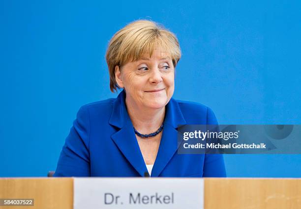 German Chancellor Angela Merkel addresses the media during her annual summer press conference in German Federal Press Conference or...