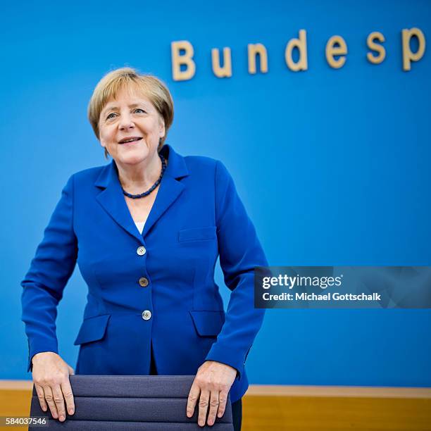 German Chancellor Angela Merkel addresses the media during her annual summer press conference in German Federal Press Conference or...