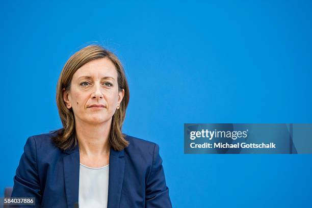 German Chancellor Angela Merkel's spokesperson addresses the media during her annual summer press conference in German Federal Press Conference or...