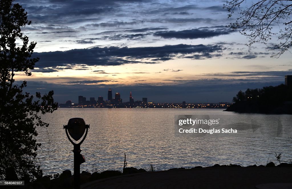 Lake Erie shoreline with the skyline of Cleveland