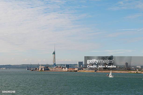 General view of Portsmouth harbour and the Spinnaker Tower from the Wightlink ferry traveling across the Solent from the Isle of Wight on July 23,...