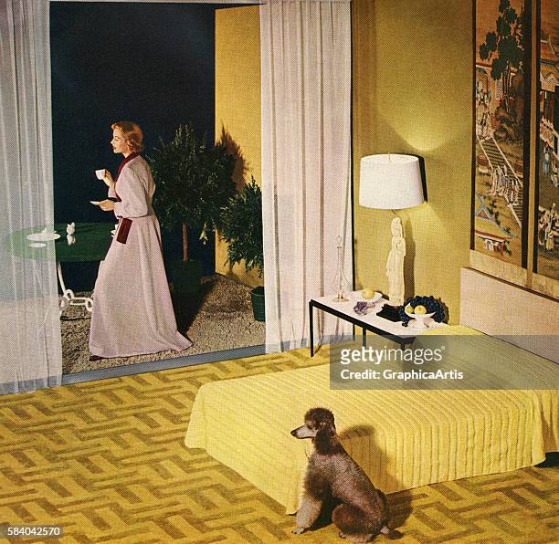 Glamorous single woman enjoys a cup of coffee with her poodle, standing on the balcony of her spacious apartment's bedroom, 1950. Screen print after...