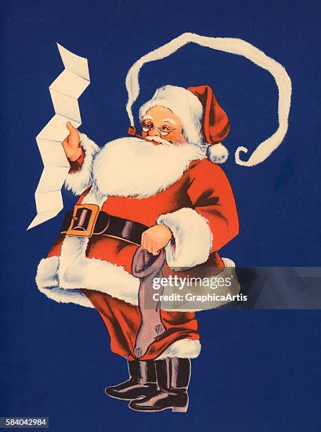 Illustration of Santa Claus holding his list of girls and boys who've been naughty and nice, 1941. Lithograph.