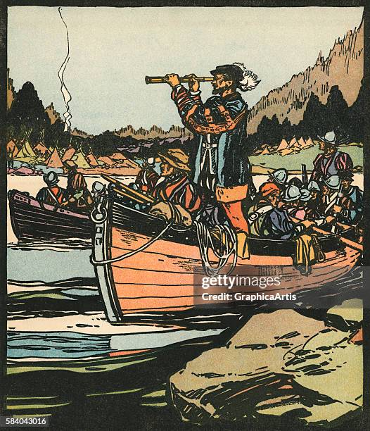 Illustration of French explorer Jacques Cartier on the Saint Lawrence River, 1931. Woodcut.