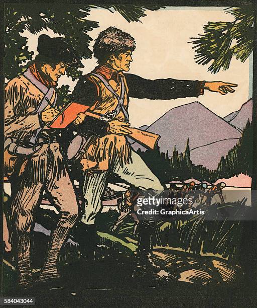 Illustration of explorers Lewis and Clark in the American frontier, 1931. Woodcut.