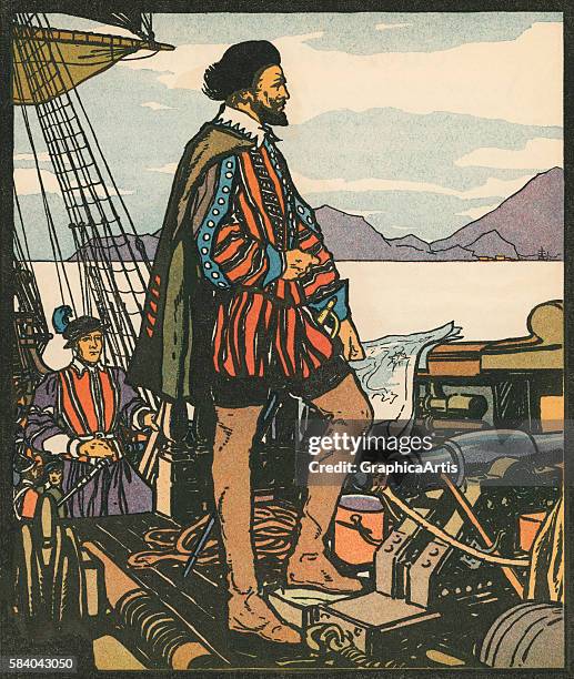 Illustration of English explorer and privateer Sir Francis Drake, 1931. Woodcut.