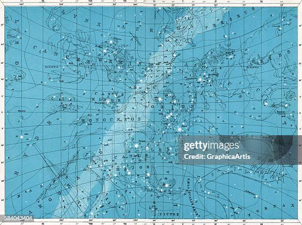 Star map of the constellations Cancer, Gemini, Taurus, Orion, Monoceros, and Canis Major, 1922. Printed and published by W & AK Johnston, Edinburgh....