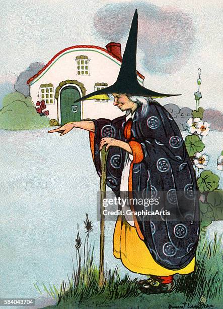 Illustration of the witch casting a spell from the German children's fairy tale Hansel and Gretel , 1916. Lithograph.