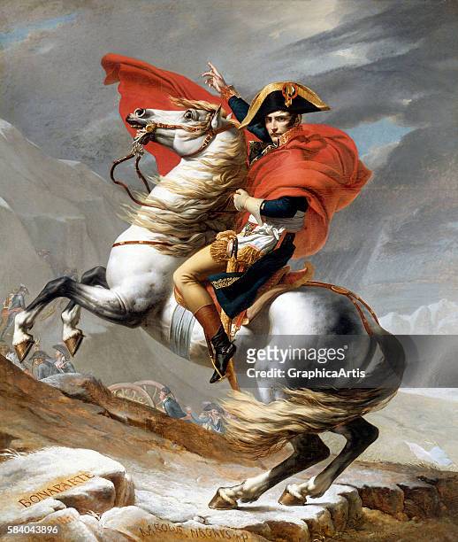 Napoleon Crossing the Alps , 1802. The full French title of the painting is Bonaparte franchissant le Grand Saint-Bernard, 20 mai 1800, and in...