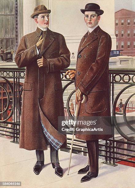 Victorian illustration of two fashionable gentlemen on the street in tailored winter coats, 1890. Screen print.