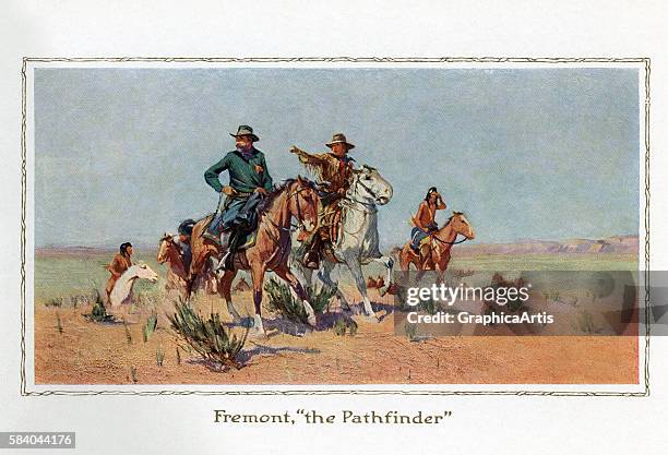 Illustration of John Charles Fremont on an expedition in the American West, 1914. Screen print.