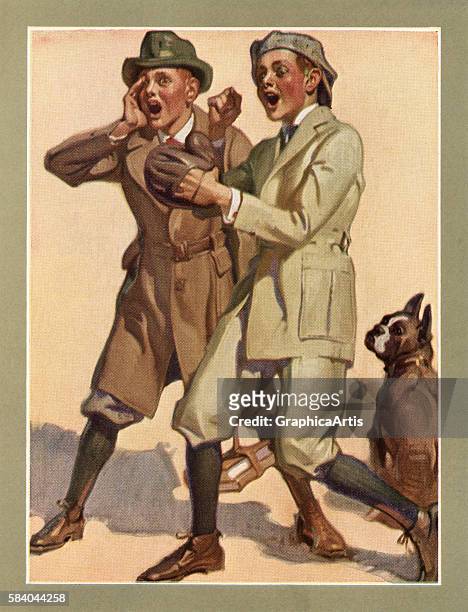 Illustration of two boys dressed in suits and knickers playing street baseball on the way home from school, 1922. Screen print.