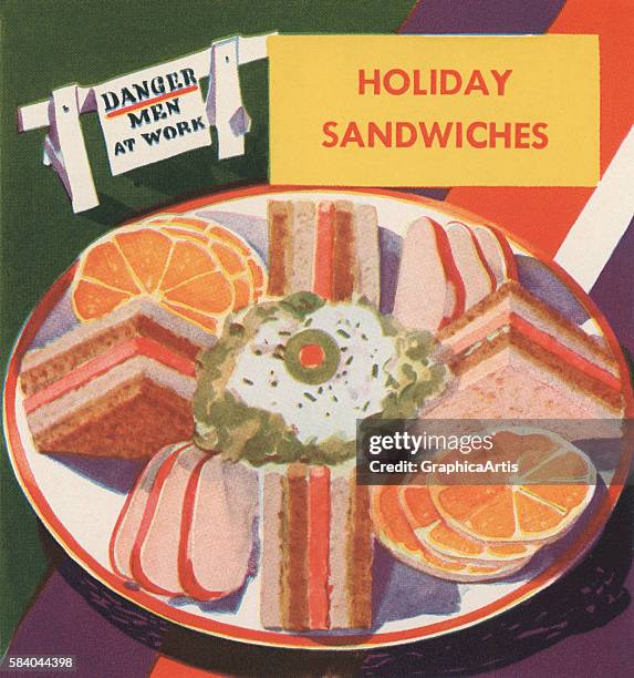 Illustration of holiday sandwiches being prepared for a picnic basket, 1931. Screen print.