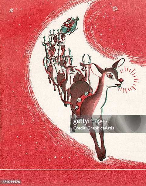 Illustration of Rudolph the Red-Nosed Reindeer leading Santa Claus's sleigh on Christmas Eve, 1949. Lithograph.