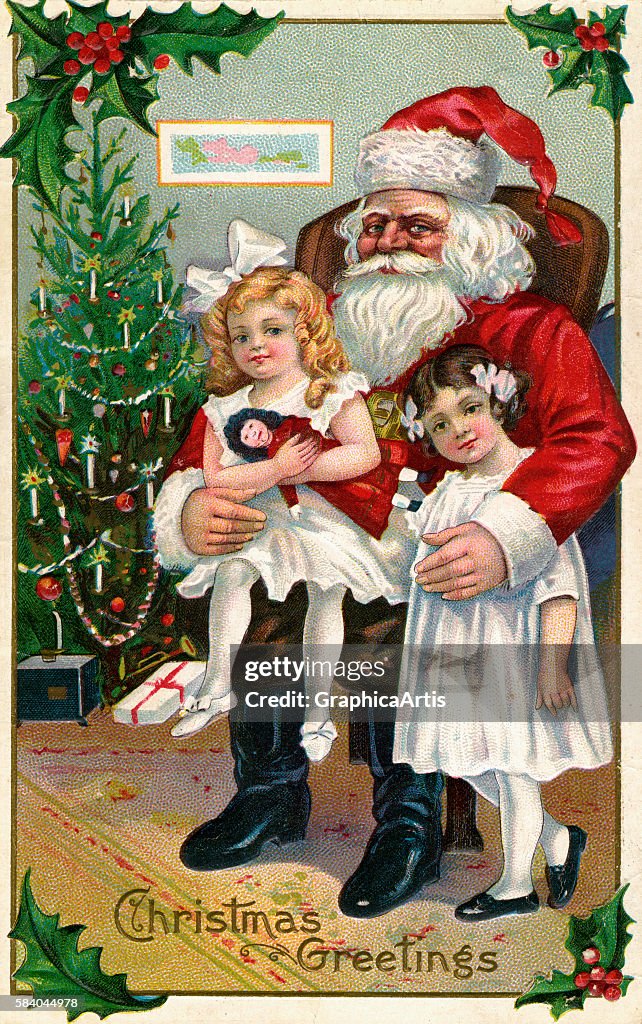 Victorian Girls With Santa