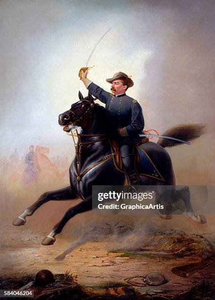 Equestrian portrait of General Philip Henry Sheridan leading the Cavalry Corps of the Army of the Potomac in the Civil War battle of the Shenandoah...