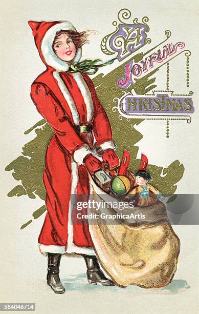 Illustration of a girl in a Santa Claus suit with a bag of Christmas toys, 1918. Chromolithograph.