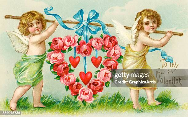 Valentine of two winged cherubs carrying a large heart made of pink roses, 1902. Chromolithograph.