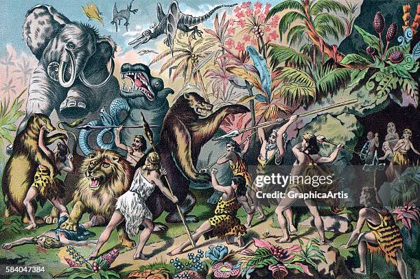 Illustration of a tribe of prehistoric 'cavemen' battling ferocious animals, 1906. Chromolithograph.