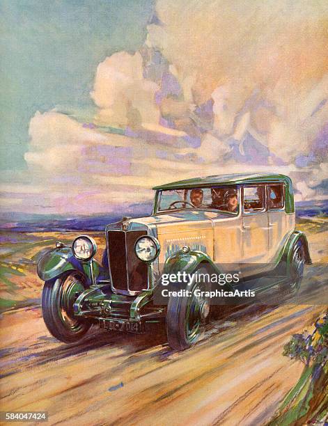 Illustration of a 1920s roadster speeding down a dirt road in the countryside, 1921. Screen print.