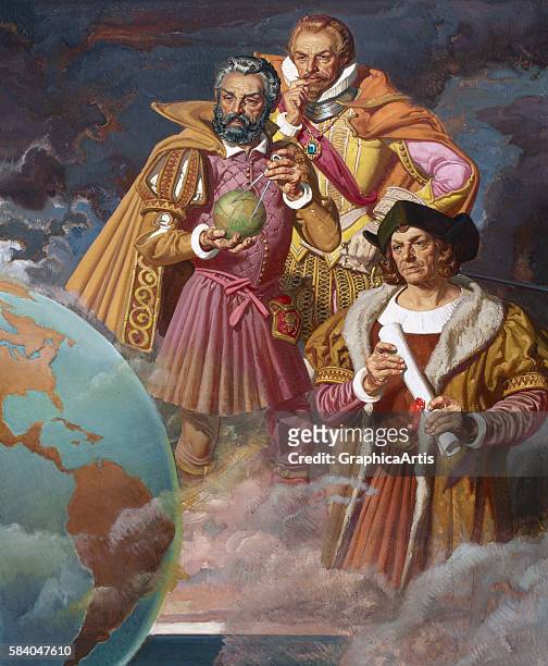 Three of history's most important explorers and discoverers-Christopher Columbus, Ferdinand Magellan, and Vasco de Gama, standing with a globe, circa...