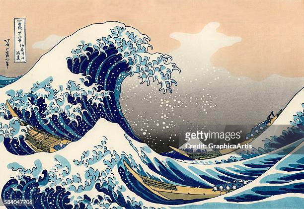 The Great Wave off Kanagawa , circa 1830-33. The print is from the series Fugaku sanjurokkei its title in Japanese is 'Kanagawa-oki nami ura'....