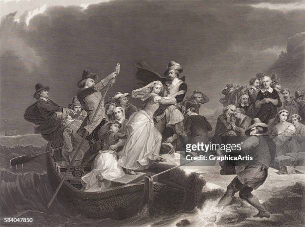 Print (by Joseph Andrews, after a painting of the landing of the pilgrims at Plymouth Rock , 1869. Engraving.