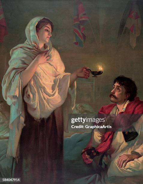 Print of nursing founder Florence Nightingale making night rounds to wounded soldiers during the Crimean War, known as 'The Lady with the Lamp',...