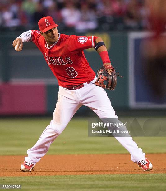 Yunel Escobar of the Los Angeles Angels of Anaheim throws during the fourth inning of the game against the Minnesota Twins at Angel Stadium of...